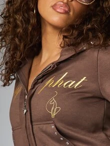 BABYPHAT Full-Zip Crop Sweatshirt With Gold Script Logo Print Rhinestone Detail Side Pockets Long Sleeve Casual Fall Winter Top - Coffee Brown - View 4
