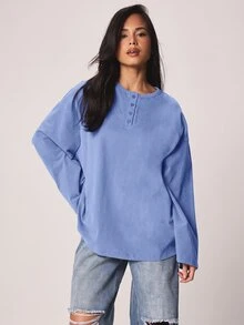 MISSGUIDED Oversized Long Sleeve Henley Top With Button Placket Drop Shoulder Relaxed Fit Casual Pullover Spring Essential - Blue - View 4