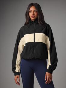 MISSGUIDED Color Block Full Zip Mock Neck Windbreaker Jacket With Elasticated Cuffs And Contrast Panel Detail - Black - View 1