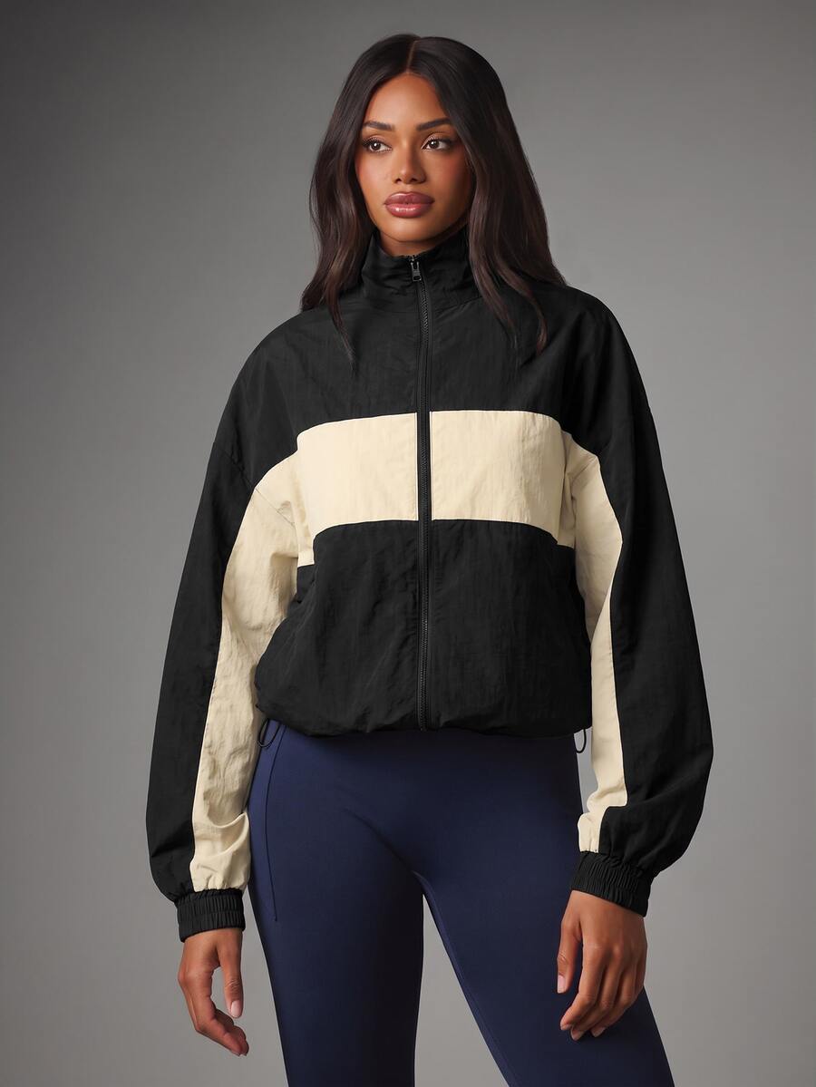 MISSGUIDED Color Block Full Zip Mock Neck Windbreaker Jacket With Elasticated Cuffs And Contrast Panel Detail - Black - View 1