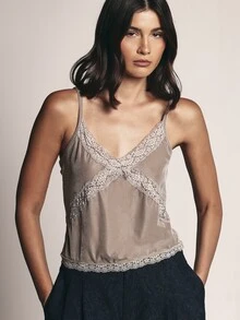 KSTM Velvet Lace Trim V-Neck Cami Top With Crossover Lace Detail And Adjustable Straps Party Evening Night Out Summer Style - Grey - View 1