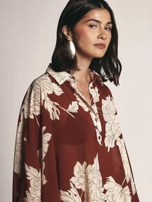 KSTM Burgundy Oversized Floral Chiffon Blouse With Batwing Sleeves Collared Neckline And High-Low Hem Perfect For Spring Summer Occasions - Multicolor - View 5