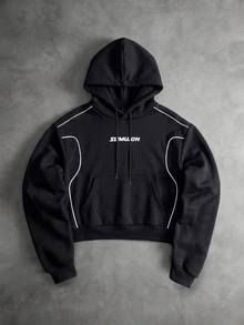 SUMWON Cropped Boxy Hoodie With White Contrast Piping Detail And Chest Logo Print Centre Pocket Long Sleeve Pullover - Black - View 1