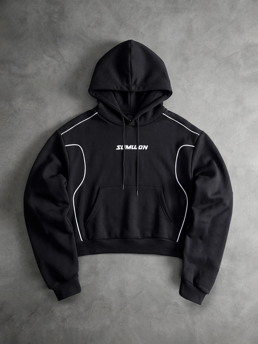 SUMWON Cropped Boxy Hoodie With White Contrast Piping Detail And Chest Logo Print Centre Pocket Long Sleeve Pullover - Black - View 1