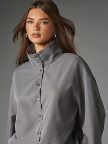 MISSGUIDED Oversized Satin Blouse With High Neck Balloon Sleeves Button Front Closure Elastic Cuffs Elegant Fall Winter Top - Dark Grey - View 5