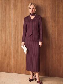Lost Ink Burgundy And White Pinstripe V-Neck Long Sleeve Fitted Jacket And Long Pencil Skirt Set For Winter - Burgundy - View 3