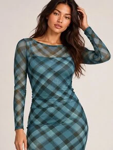 ELLERISSA Blue Plaid Print Boat Neck Sheer Mesh Long Sleeve Fitted Top - Blue - View 6