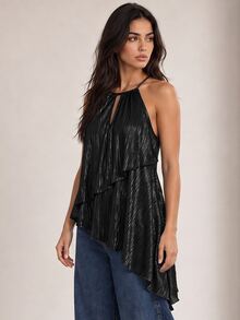 ELLERISSA Atasan Halter Lurex Hitam dengan Hem Asimetris Berlapis dan Lubang Kunci - Hitam - View 5
