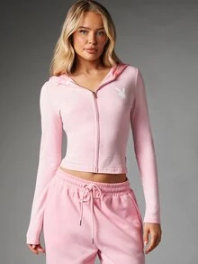 Missguided x Playboy Bunny Logo Cropped Full-Zip Sweatshirt With Patterned Hood Long Sleeve Form-Fitting Spring Casual Top - Pink - View 1