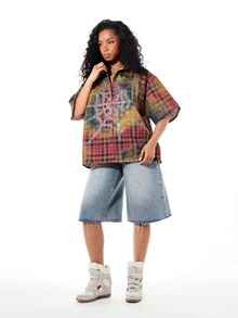 SUMWON Oversized Plaid Flannel Shirt With Rhinestone Spiderweb Graphic Front Print Collared Short Sleeve Button Down Top Fall Winter - Multicolor - View 3