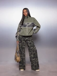 MISSGUIDED Olive Camouflage Color Block Windbreaker Jacket With Stand Collar Full Zip Contrast Piping And Elasticated Cuffs Oversized Hip Length - Army Green - View 2