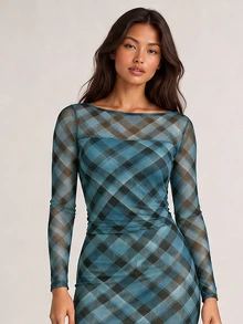 ELLERISSA Blue Plaid Print Boat Neck Sheer Mesh Long Sleeve Fitted Top - Blue - View 5