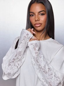 MISSGUIDED Oversized Crew Neck Long Sleeve Top With Floral Lace Sleeves And Hem Trim Spring Casual Chic Style - White - View 4
