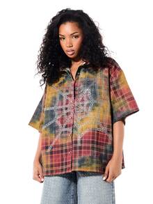 SUMWON Oversized Plaid Flannel Shirt With Rhinestone Spiderweb Graphic Front Print Collared Short Sleeve Button Down Top Fall Winter - Multicolor - View 1