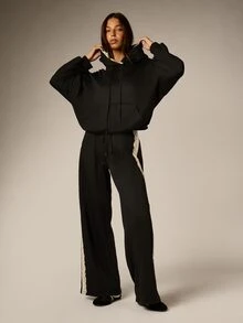 AiiRZ Wide Leg Casual Pants With Cream Lace Side Trim Drawstring High Rise Waist Flowy Full Length Loungewear Trousers Holiday Party Festive - Black - View 2