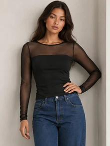 ELLERISSA Black Slash Neck Sheer Mesh Long Sleeve Fitted Party Evening Top - Black - View 6