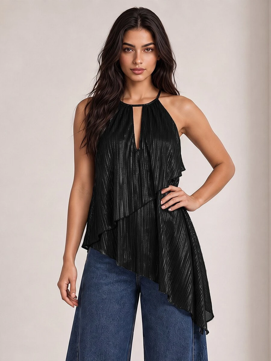ELLERISSA Atasan Halter Lurex Hitam dengan Hem Asimetris Berlapis dan Lubang Kunci - Hitam - View 1