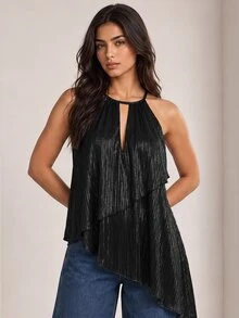 ELLERISSA Atasan Halter Lurex Hitam dengan Hem Asimetris Berlapis dan Lubang Kunci - Hitam - View 4