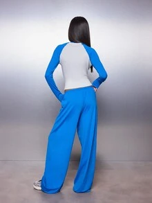 MISSGUIDED Color Block Raglan Crop Top And Wide Leg Drawstring Casual Pants Co-Ord Set High Neck Long Sleeve Two Pieces Outfit - Blue and White - View 4