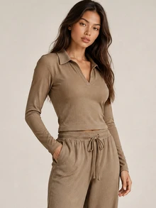 ELLERISSA Khaki Ribbed Collared Long Sleeve Crop Top & Drawstring Wide Leg Pants Co-Ord Set - Khaki - View 6