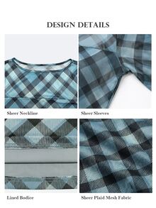 ELLERISSA Blue Plaid Print Boat Neck Sheer Mesh Long Sleeve Fitted Top - Blue - View 7