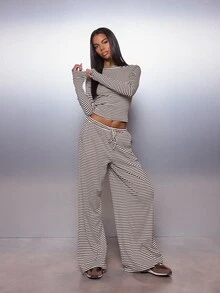 MISSGUIDED Striped Crop Long Sleeve Boat Neck Top And Wide Leg Drawstring Casual Pants Co-Ord Set Two Pieces Outfit Spring Summer - Multicolor - View 1