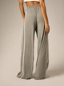 AiiRZ Wide Leg Casual Lounge Pants With Lace Trim Side Stripe Drawstring Elastic Waist Full Length Flowy Soft Knit Relaxed Fit - Grey - View 5
