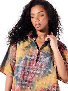 SUMWON Oversized Plaid Flannel Shirt With Rhinestone Spiderweb Graphic Front Print Collared Short Sleeve Button Down Top Fall Winter - Multicolor - View 6