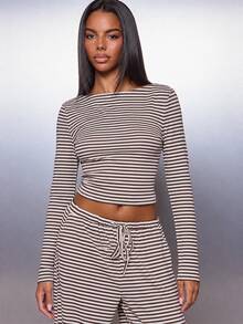 MISSGUIDED Striped Crop Long Sleeve Boat Neck Top And Wide Leg Drawstring Casual Pants Co-Ord Set Two Pieces Outfit Spring Summer - Multicolor - View 2