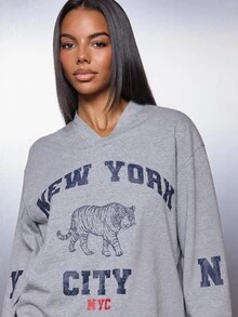 MISSGUIDED Oversized V-Neck Long Sleeve Grey Graphic Tee New York City Tiger Print Collegiate Style Fall Winter Top - Grey - View 5