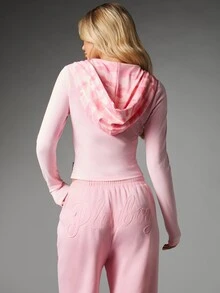 Missguided x Playboy Bunny Logo Cropped Full-Zip Sweatshirt With Patterned Hood Long Sleeve Form-Fitting Spring Casual Top - Pink - View 2