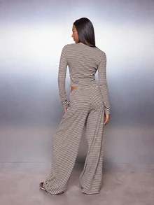 MISSGUIDED Striped Crop Long Sleeve Boat Neck Top And Wide Leg Drawstring Casual Pants Co-Ord Set Two Pieces Outfit Spring Summer - Multicolor - View 4