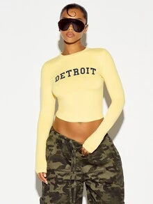 SUMWON Detroit City Name Varsity Text Chest Print Crew Neck Long Sleeve Fitted Crop Top Spring Summer Casual Streetwear - Yellow - View 1