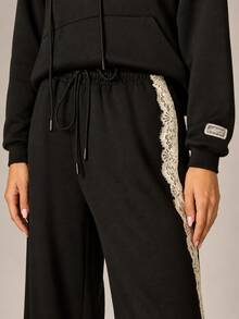 AiiRZ Wide Leg Casual Pants With Cream Lace Side Trim Drawstring High Rise Waist Flowy Full Length Loungewear Trousers Holiday Party Festive - Black - View 4