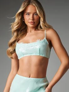 MISSGUIDED Mint Sequin Lace Trim Bralette Crop Top With Spaghetti Straps Summer Festival Party Adjustable Strappy Cami Style - Blue - View 1
