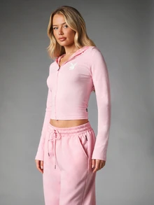 Missguided x Playboy Bunny Logo Cropped Full-Zip Sweatshirt With Patterned Hood Long Sleeve Form-Fitting Spring Casual Top - Pink - View 4