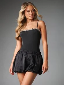 MISSGUIDED Black Sleeveless Square Neck Bodysuit With Rhinestone Embellished Neckline Fitted Silhouette Snap Closure Party Night Out - Black - View 1