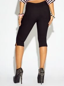 SUMWON WOMEN High Rise Cropped Capri Leggings With Side Split Hem And Fold-Over Waistband Stretchy Pull-On Style - Black - View 3