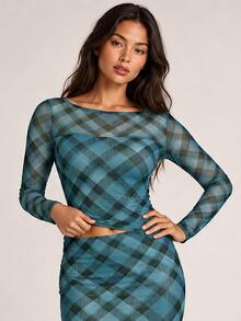 ELLERISSA Blue Plaid Print Boat Neck Sheer Mesh Long Sleeve Fitted Top - Blue - View 1