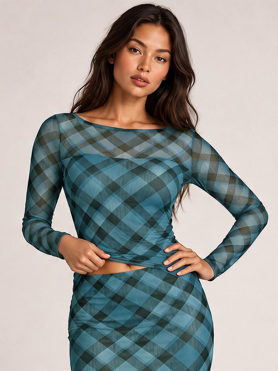 ELLERISSA Blue Plaid Print Boat Neck Sheer Mesh Long Sleeve Fitted Top - Blue - View 1