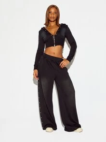 SUMWON WOMEN Winter Essentials Oversized Wide Leg Casual Pants With Side Snap Button Detail Elastic Waistband Washed Effect Full Length Relaxed Fit Fall Halloween Autumn Warm Cozy - Black - View 2