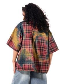 SUMWON Oversized Plaid Flannel Shirt With Rhinestone Spiderweb Graphic Front Print Collared Short Sleeve Button Down Top Fall Winter - Multicolor - View 2