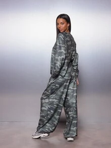MISSGUIDED Camouflage Print Co-Ord Set Crew Neck Long Sleeve Crop Top And Wide Leg Drawstring Casual Pants Two Pieces Lounge Outfit - Multicolor - View 4