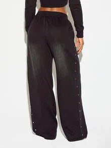 SUMWON WOMEN Winter Essentials Oversized Wide Leg Casual Pants With Side Snap Button Detail Elastic Waistband Washed Effect Full Length Relaxed Fit Fall Halloween Autumn Warm Cozy - Black - View 5