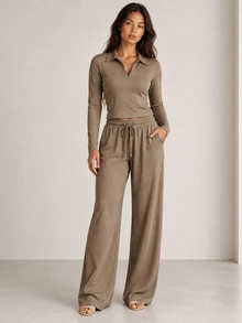 ELLERISSA Khaki Ribbed Collared Long Sleeve Crop Top & Drawstring Wide Leg Pants Co-Ord Set - Khaki - View 4