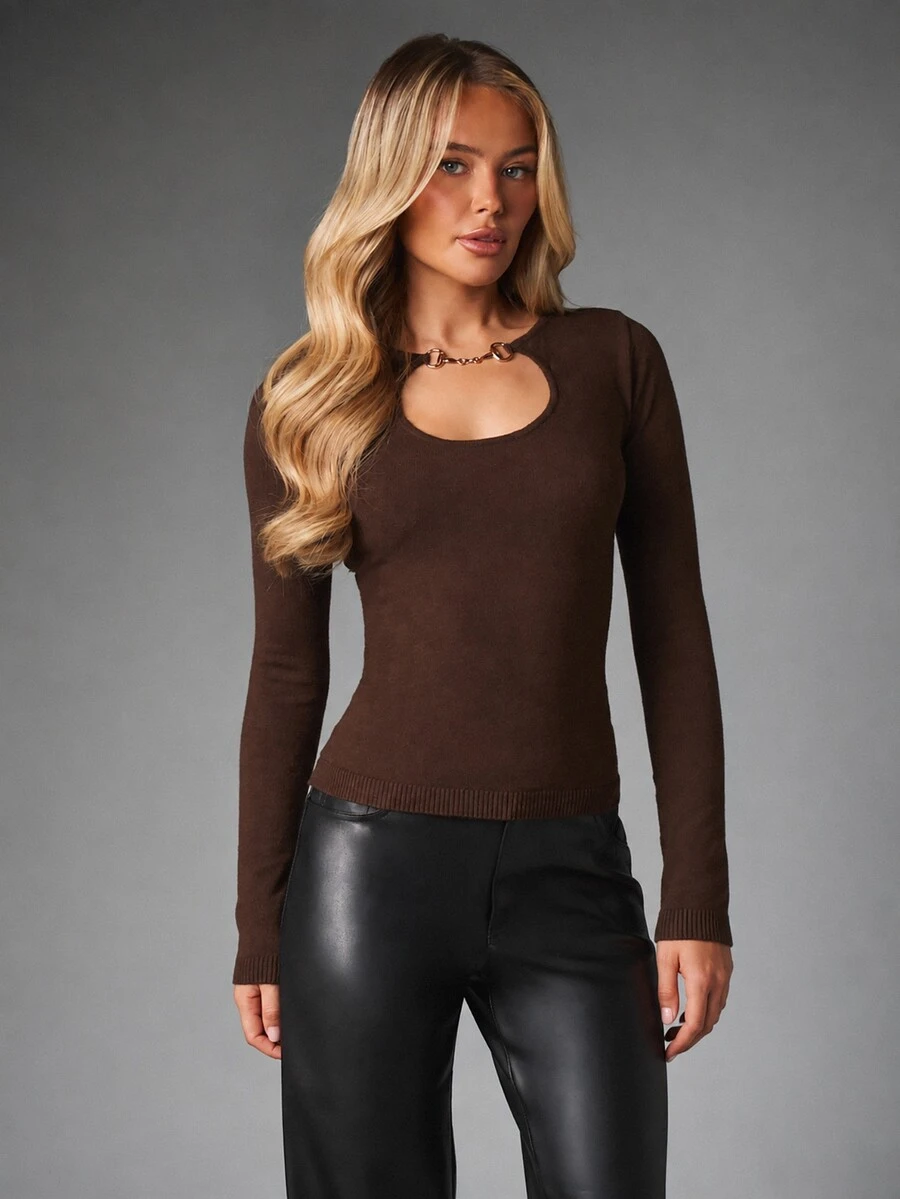 MISSGUIDED Chocolate Brown Long Sleeve Knit Top With Chain Cut-Out Neckline Detail Slim Fit Crop Sweater Fall Winter Essential - Coffee Brown - View 1