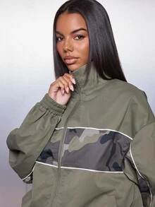 MISSGUIDED Olive Camouflage Color Block Windbreaker Jacket With Stand Collar Full Zip Contrast Piping And Elasticated Cuffs Oversized Hip Length - Army Green - View 3