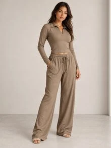 ELLERISSA Khaki Ribbed Collared Long Sleeve Crop Top & Drawstring Wide Leg Pants Co-Ord Set - Khaki - View 1