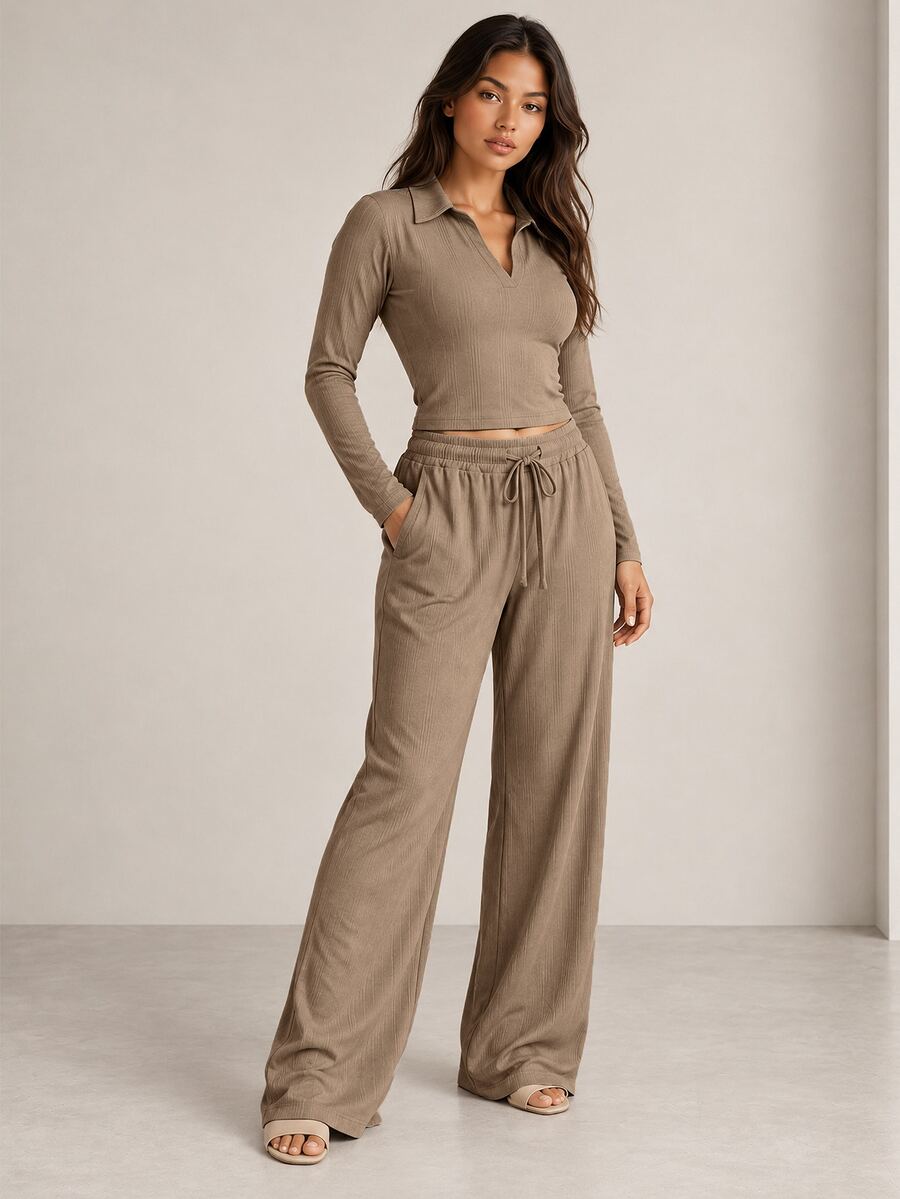 ELLERISSA Khaki Ribbed Collared Long Sleeve Crop Top & Drawstring Wide Leg Pants Co-Ord Set - Khaki - View 1