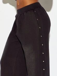 SUMWON WOMEN Winter Essentials Oversized Wide Leg Casual Pants With Side Snap Button Detail Elastic Waistband Washed Effect Full Length Relaxed Fit Fall Halloween Autumn Warm Cozy - Black - View 4